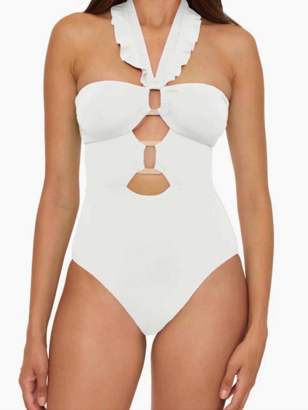 White Halter One-Piece Swimsuit with Front Cutout